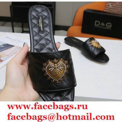 Dolce & Gabbana Leather Sliders Black with Devotion Heart 2021
